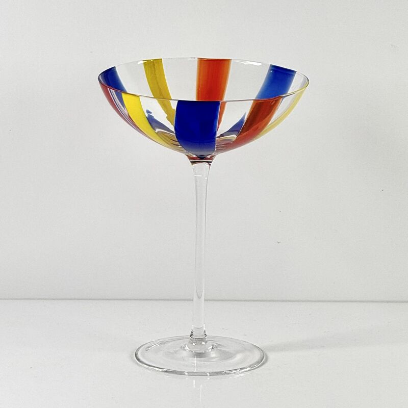 Qualité Hand Blown Art Glass Goblet & Coupe Glass Set, Vibrant Red Yellow Blue Vertical Cane Stripes Murano Style Stemmed Wine & Martini Glasses for Bar, Party & Gift usine