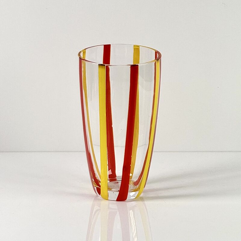 Qualité Hand Blown Colored Cane Striped Glass Tumbler & Bowl Set, Murano Style Red Yellow Vertical Stripe Drinking Cups and Snack Bowl, Lead-Free Art Glass for Water, Juice, Table Decor usine