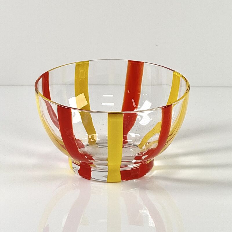 Qualité Hand Blown Colored Cane Striped Glass Tumbler & Bowl Set, Murano Style Red Yellow Vertical Stripe Drinking Cups and Snack Bowl, Lead-Free Art Glass for Water, Juice, Table Decor usine