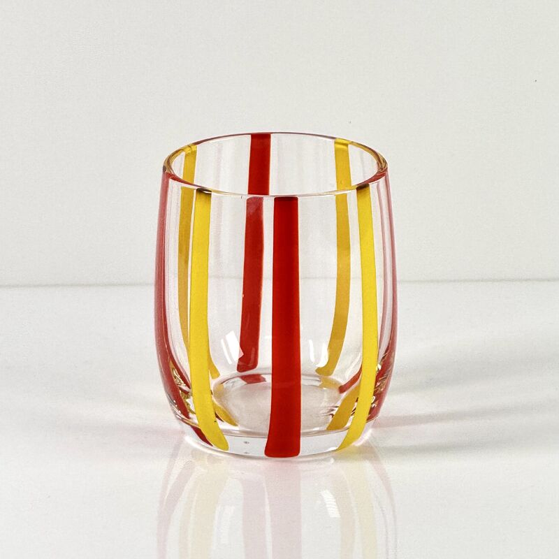 Qualité Hand Blown Colored Cane Striped Glass Tumbler & Bowl Set, Murano Style Red Yellow Vertical Stripe Drinking Cups and Snack Bowl, Lead-Free Art Glass for Water, Juice, Table Decor usine