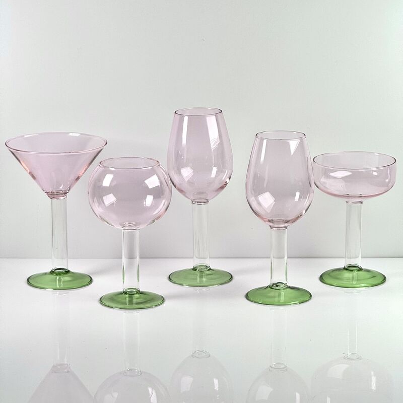 Qualité Hand Blown Borosilicate Stemmed Wine & Cocktail Glass Set, Pink Bowl with Green Hollow Stem Base, Colored Spray Tinted Art Goblets for Bar, Wedding & Table Decor usine