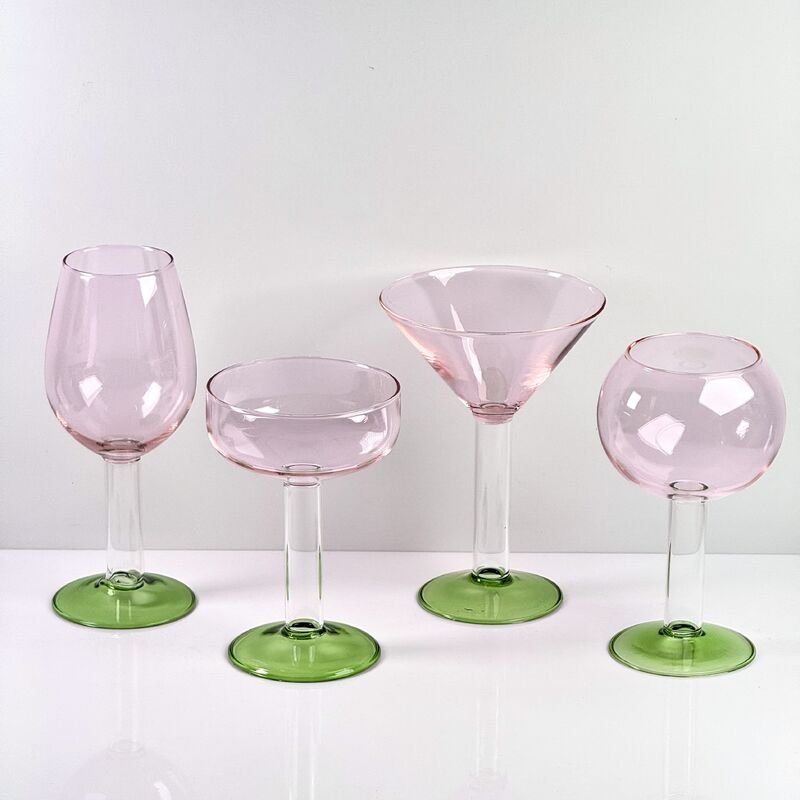 Qualité Hand Blown Borosilicate Stemmed Wine & Cocktail Glass Set, Pink Bowl with Green Hollow Stem Base, Colored Spray Tinted Art Goblets for Bar, Wedding & Table Decor usine