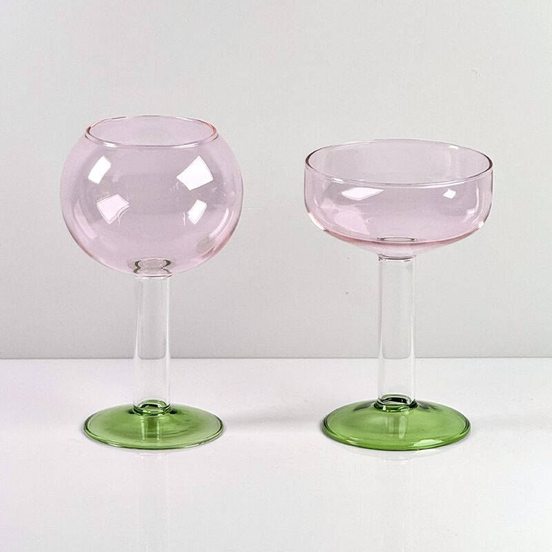 Qualité Hand Blown Borosilicate Stemmed Wine & Cocktail Glass Set, Pink Bowl with Green Hollow Stem Base, Colored Spray Tinted Art Goblets for Bar, Wedding & Table Decor usine