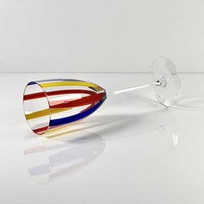 Qualité Hand Blown Art Glass Goblet & Coupe Glass Set, Vibrant Red Yellow Blue Vertical Cane Stripes Murano Style Stemmed Wine & Martini Glasses for Bar, Party & Gift usine