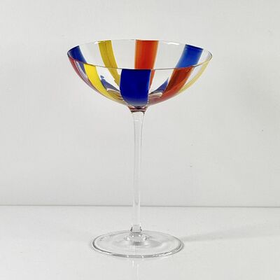 Qualité Hand Blown Art Glass Goblet & Coupe Glass Set, Vibrant Red Yellow Blue Vertical Cane Stripes Murano Style Stemmed Wine & Martini Glasses for Bar, Party & Gift usine