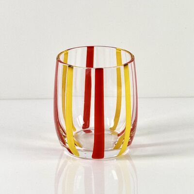 Qualité Hand Blown Colored Cane Striped Glass Tumbler & Bowl Set, Murano Style Red Yellow Vertical Stripe Drinking Cups and Snack Bowl, Lead-Free Art Glass for Water, Juice, Table Decor usine