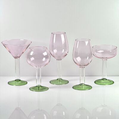 Qualité Hand Blown Borosilicate Stemmed Wine & Cocktail Glass Set, Pink Bowl with Green Hollow Stem Base, Colored Spray Tinted Art Goblets for Bar, Wedding & Table Decor usine