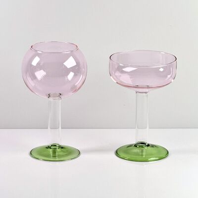 Qualité Hand Blown Borosilicate Stemmed Wine & Cocktail Glass Set, Pink Bowl with Green Hollow Stem Base, Colored Spray Tinted Art Goblets for Bar, Wedding & Table Decor usine