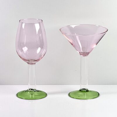 Qualité Hand Blown Borosilicate Stemmed Wine & Cocktail Glass Set, Pink Bowl with Green Hollow Stem Base, Colored Spray Tinted Art Goblets for Bar, Wedding & Table Decor usine