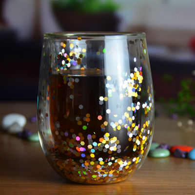 qualité 13 oz Borosilicate personnalisé Double Paroi Tumbler Verres à boire avec des paillettes colorées à l'intérieur usine